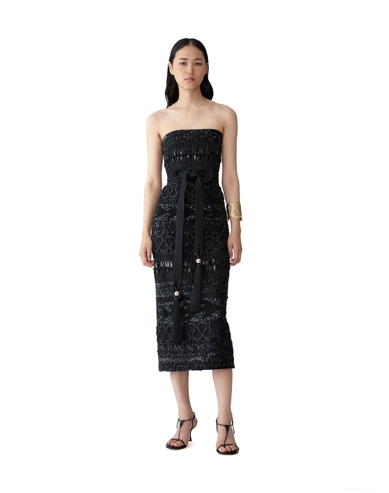 Embroidered Strapless Midi Dress | Black