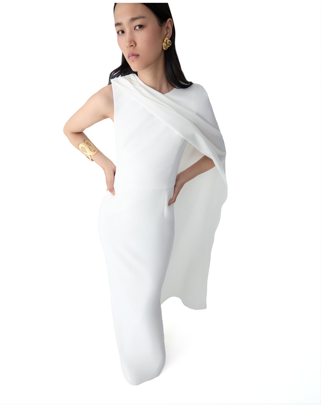 Column Gown With One Shoulder Drape | White