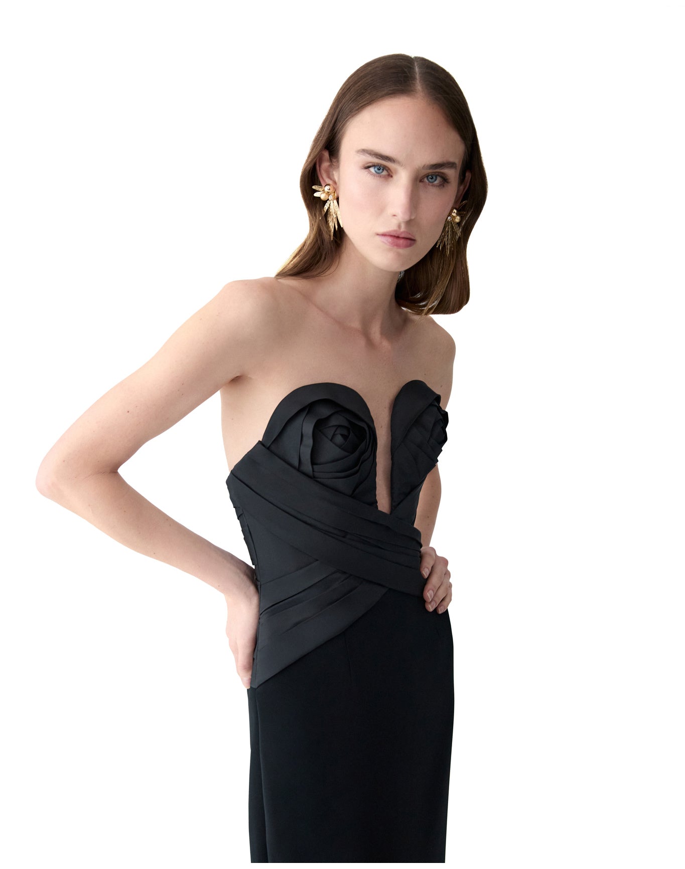 Strapless Draped Bodice Column Gown | Black