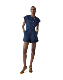 Double Breasted Romper With Self Belt | Midnight