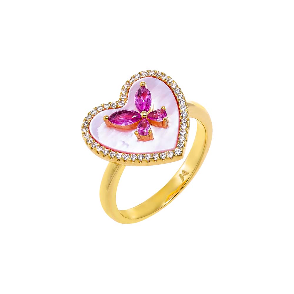 Pink Mother Of Pearl / 6 Pink CZ Butterfly Heart Stone Ring - Adina's Jewels