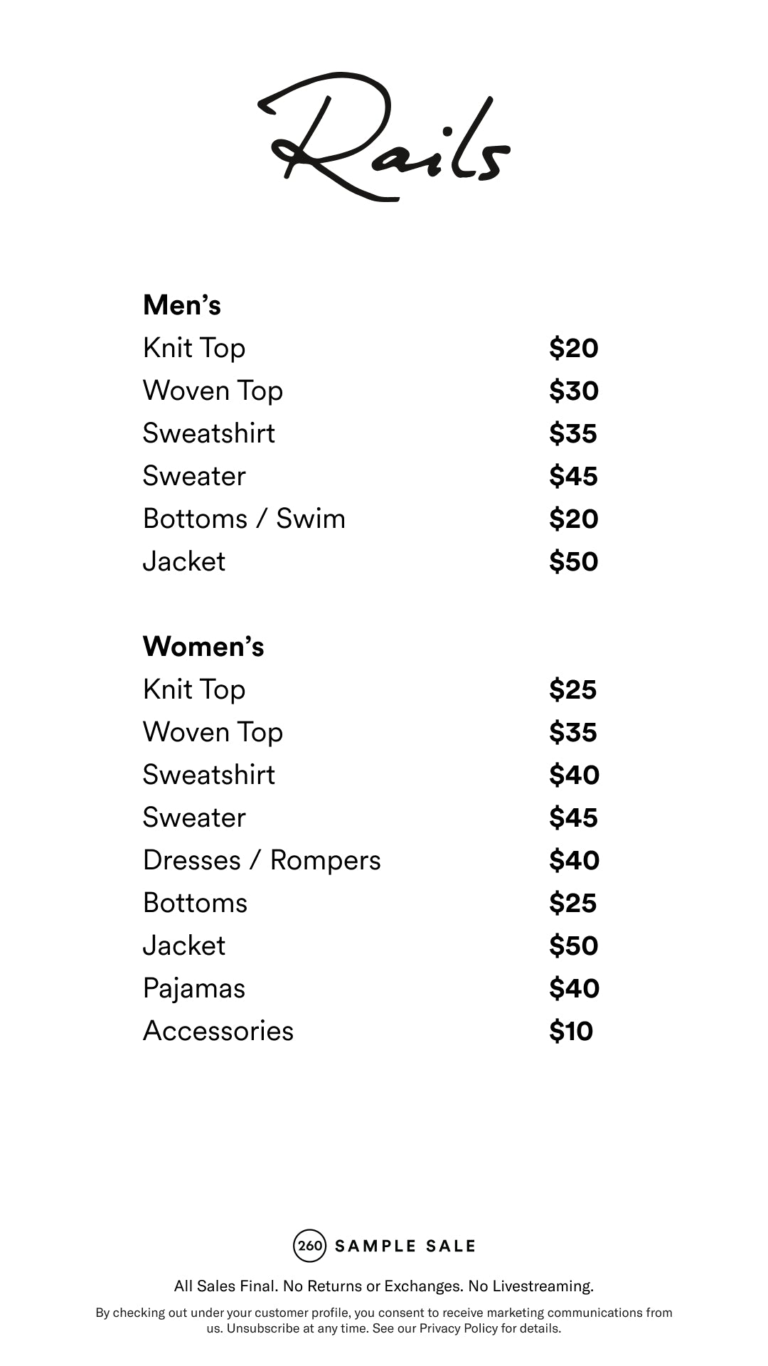 Price table