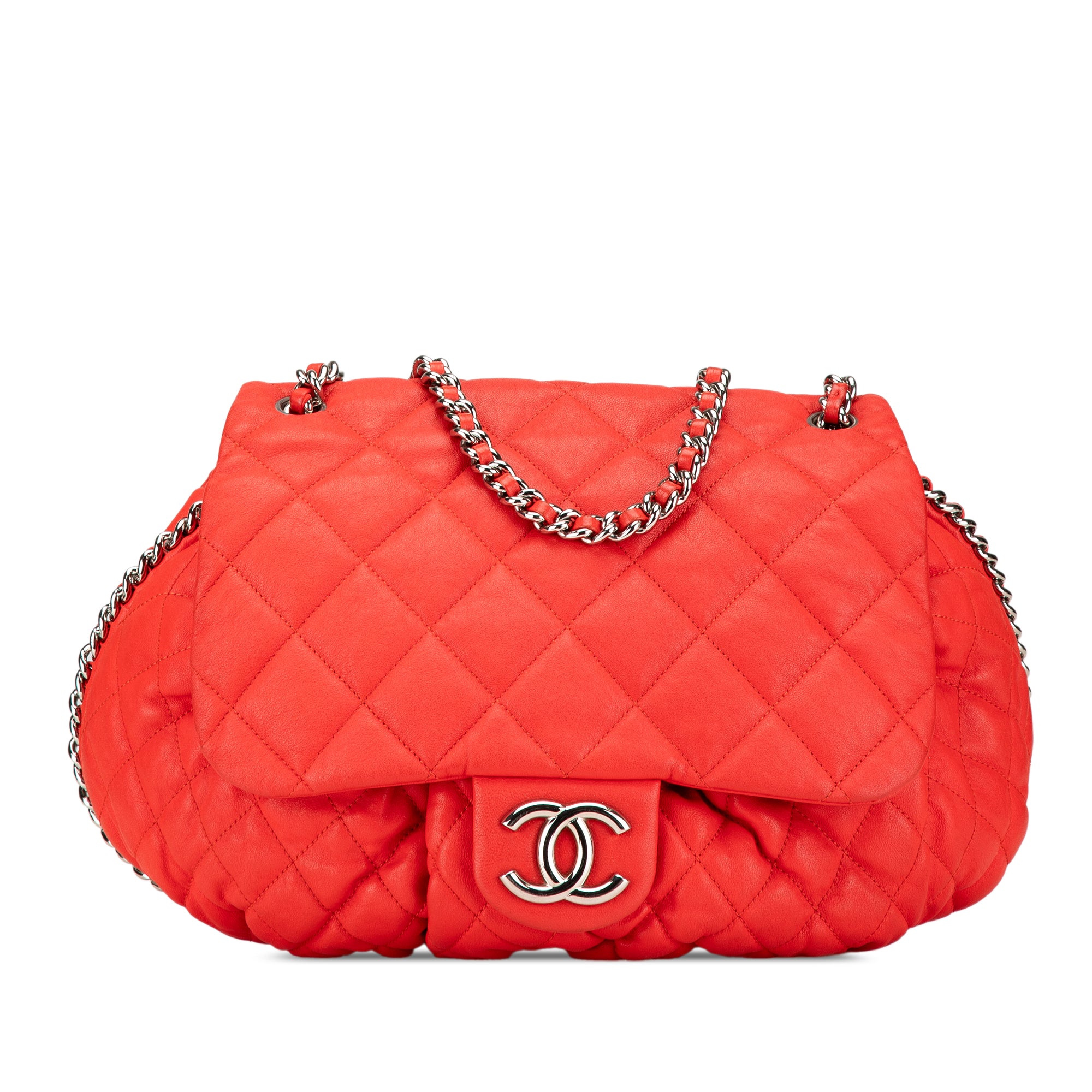 Chanel | Pre-Owned Large Quilted Lambskin Chain Around Flap | Red