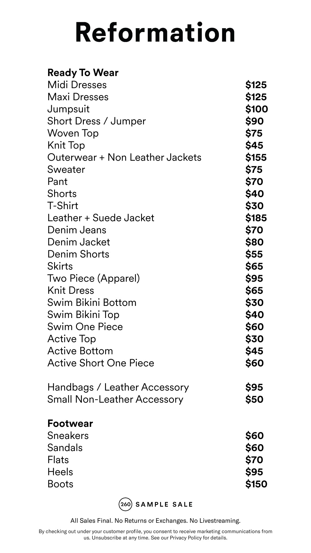 Price table