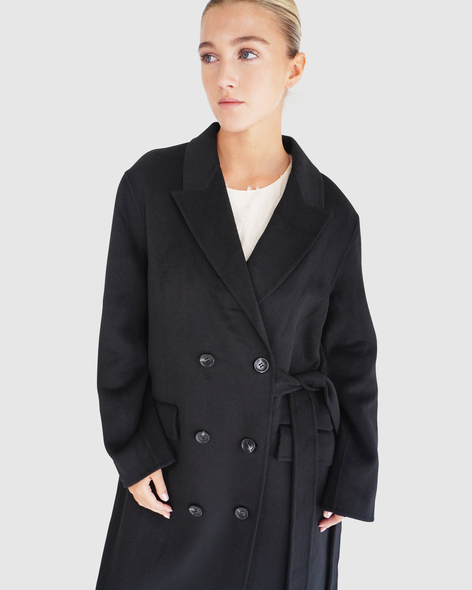 Women | Right There Wool Blend Side Tie Coat | Black