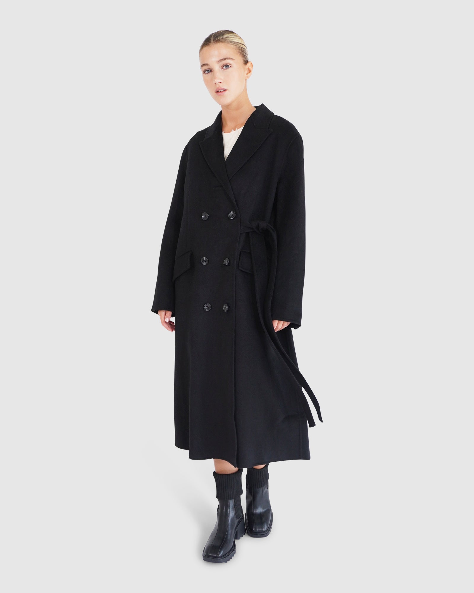 Women | Right There Wool Blend Side Tie Coat | Black
