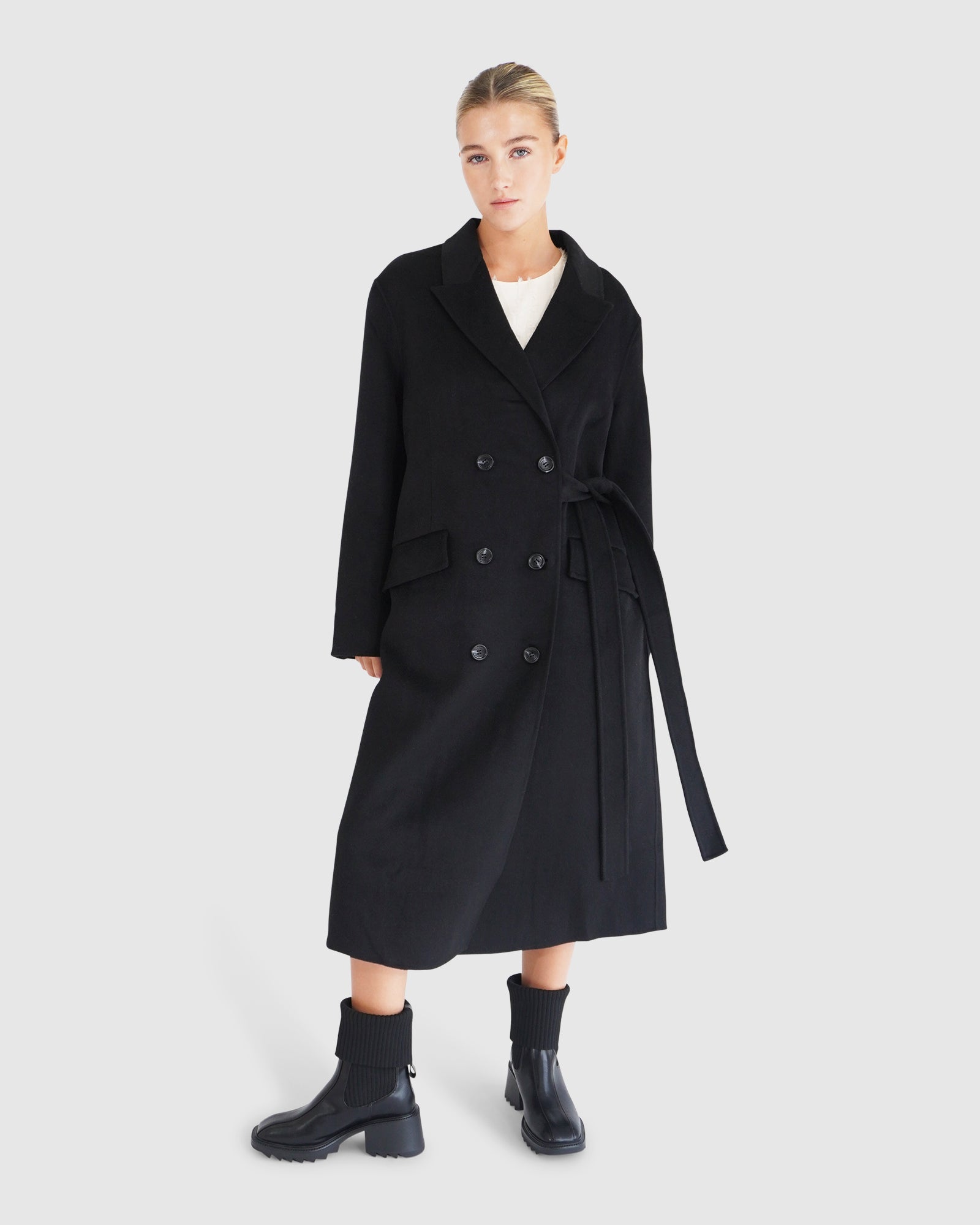 Women | Right There Wool Blend Side Tie Coat | Black