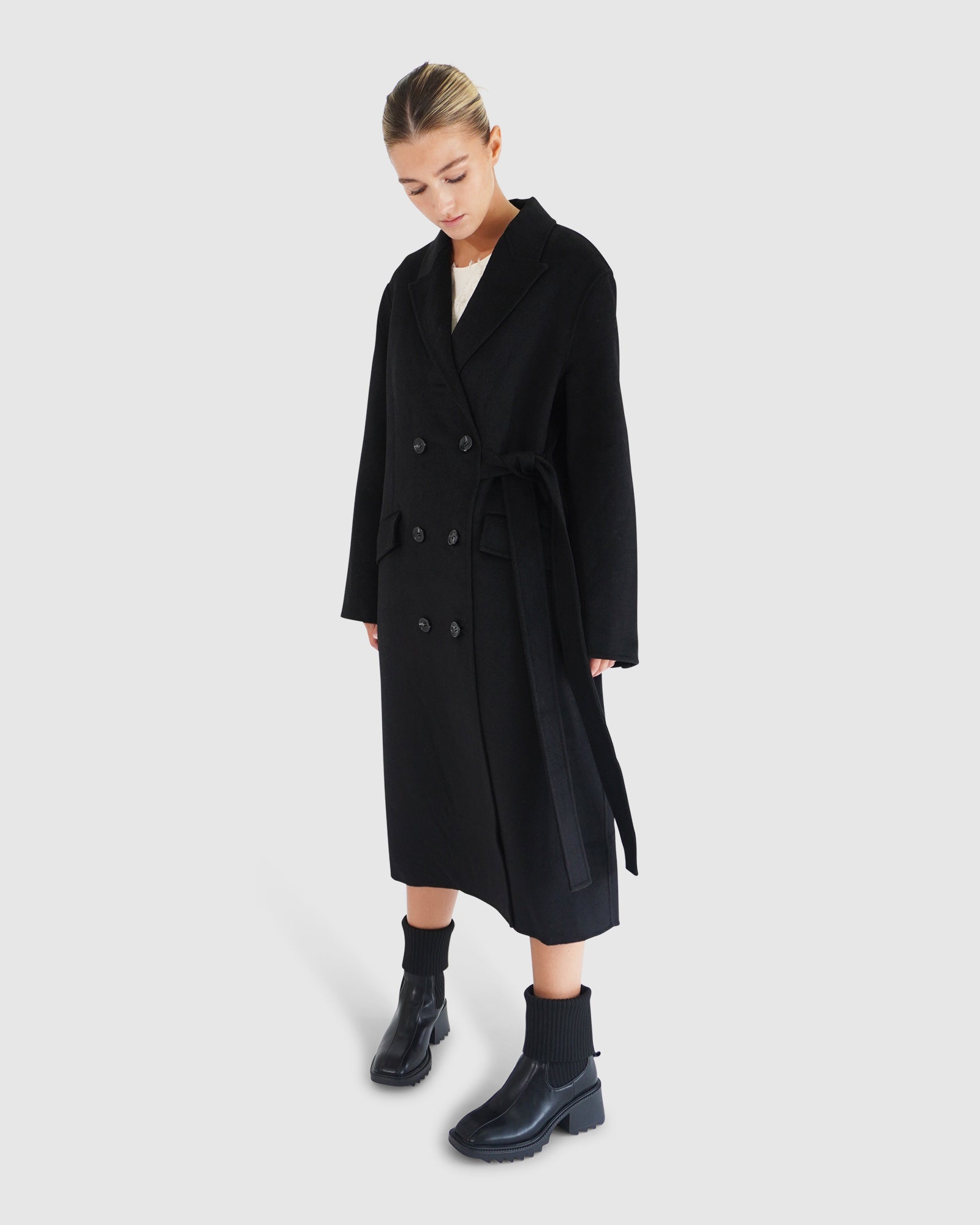Women | Right There Wool Blend Side Tie Coat | Black