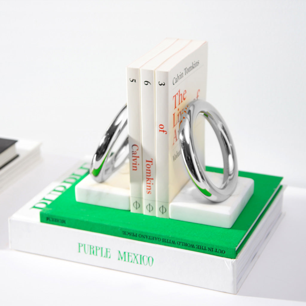 Ring Bookends | Silver-Plated Stainless Steel | Italian Carrara Marble | Set of 2
