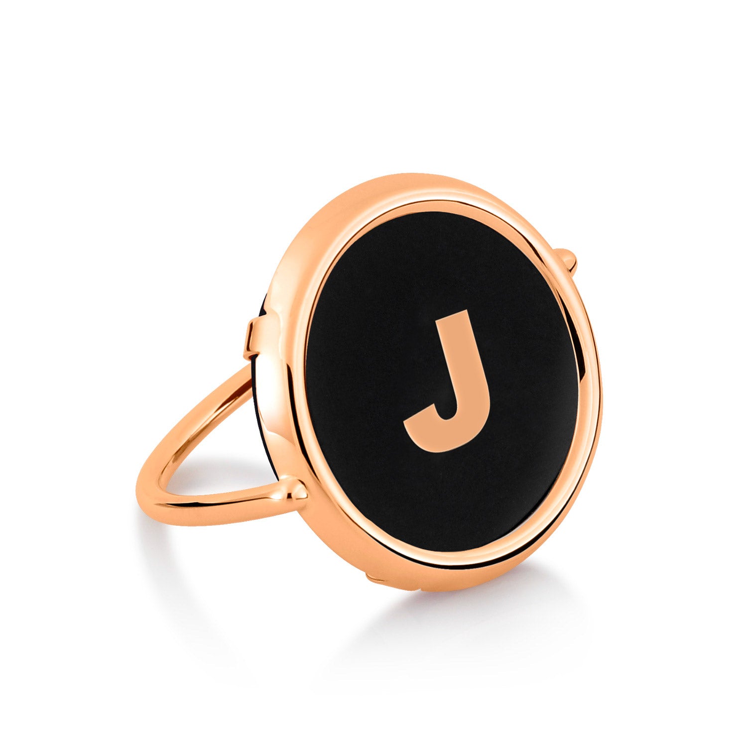 J | Initial Onyx Disc Ring | 18K Rose Gold