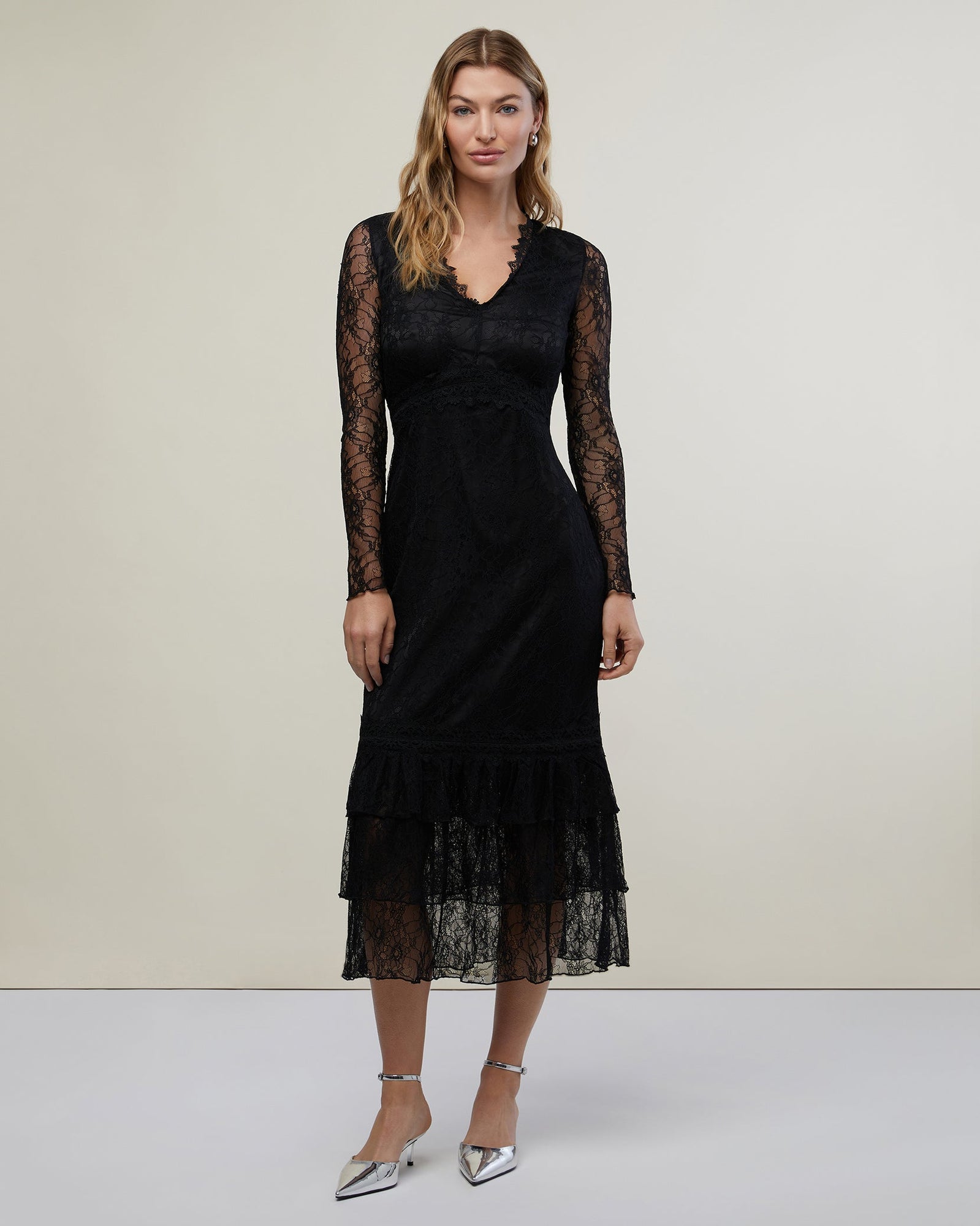 Lace Tiered Midi Dress | Black