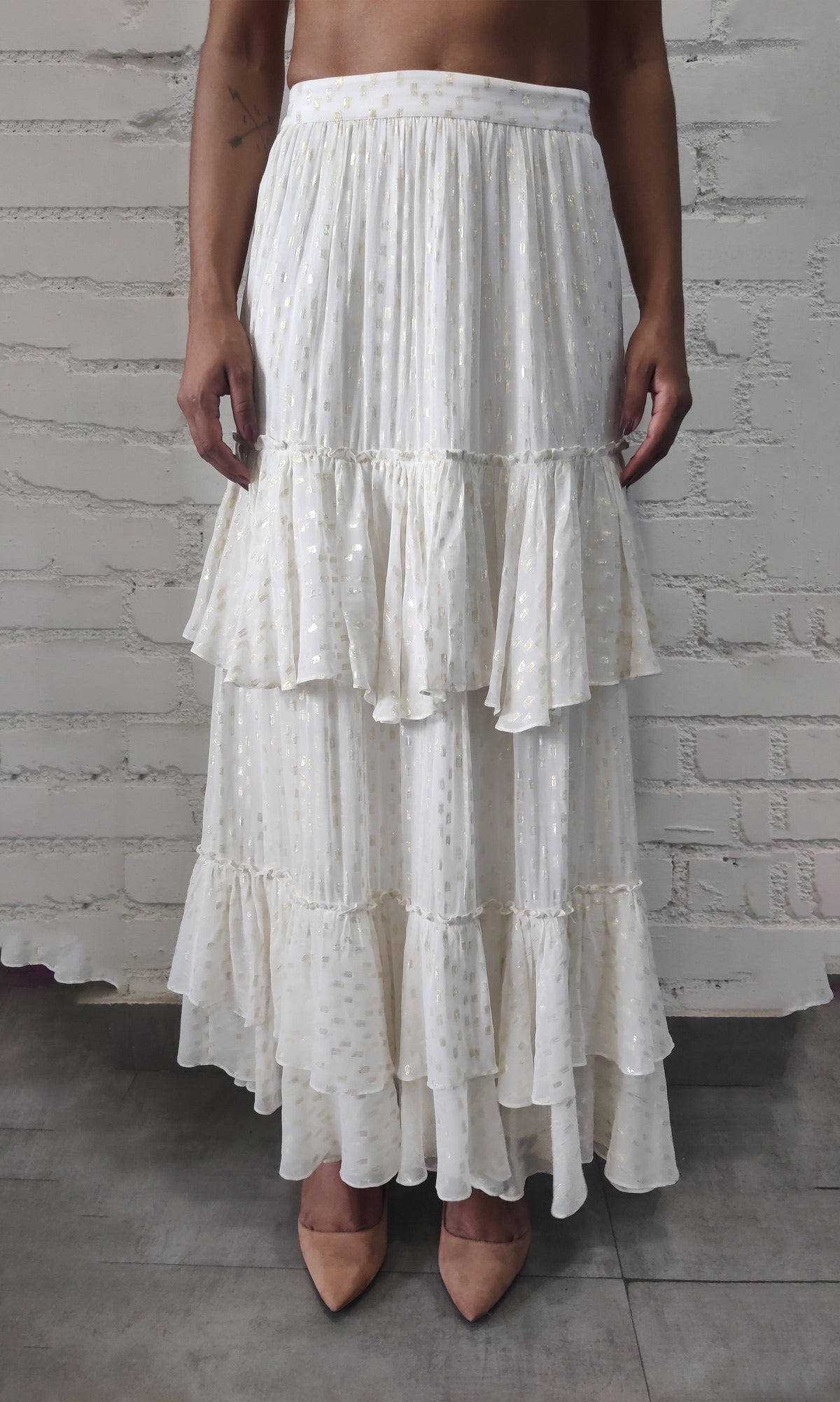 Womens | Aine Viscose Georgette Gold Boota Lurex Long Skirt | White