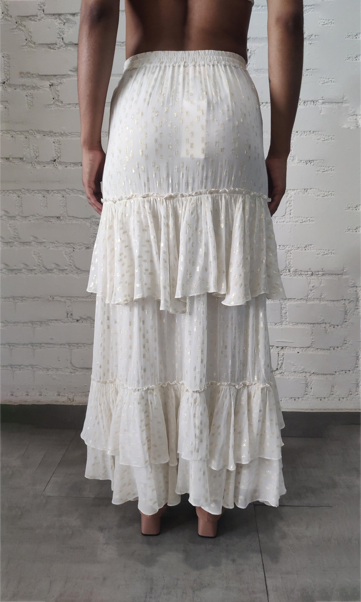 Womens | Aine Viscose Georgette Gold Boota Lurex Long Skirt | White