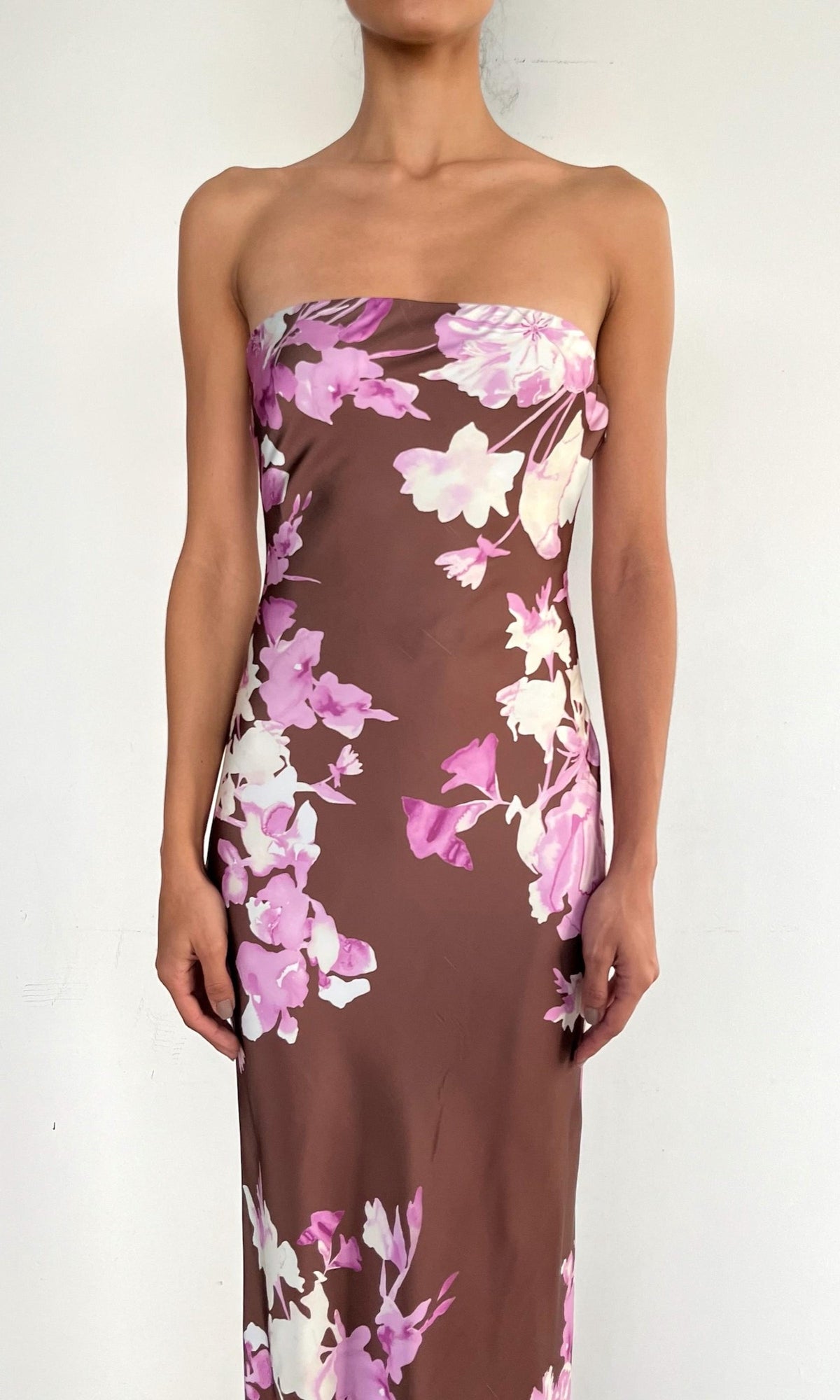 Womens | Alfy Polyester Satin Lycra Strapless Maxi Dress | Brown Pink