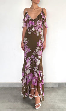 Rococo Sand | Alfy Heavy Viscose Crinkle Chiffon High Low Maxi Dress | Brown Pink