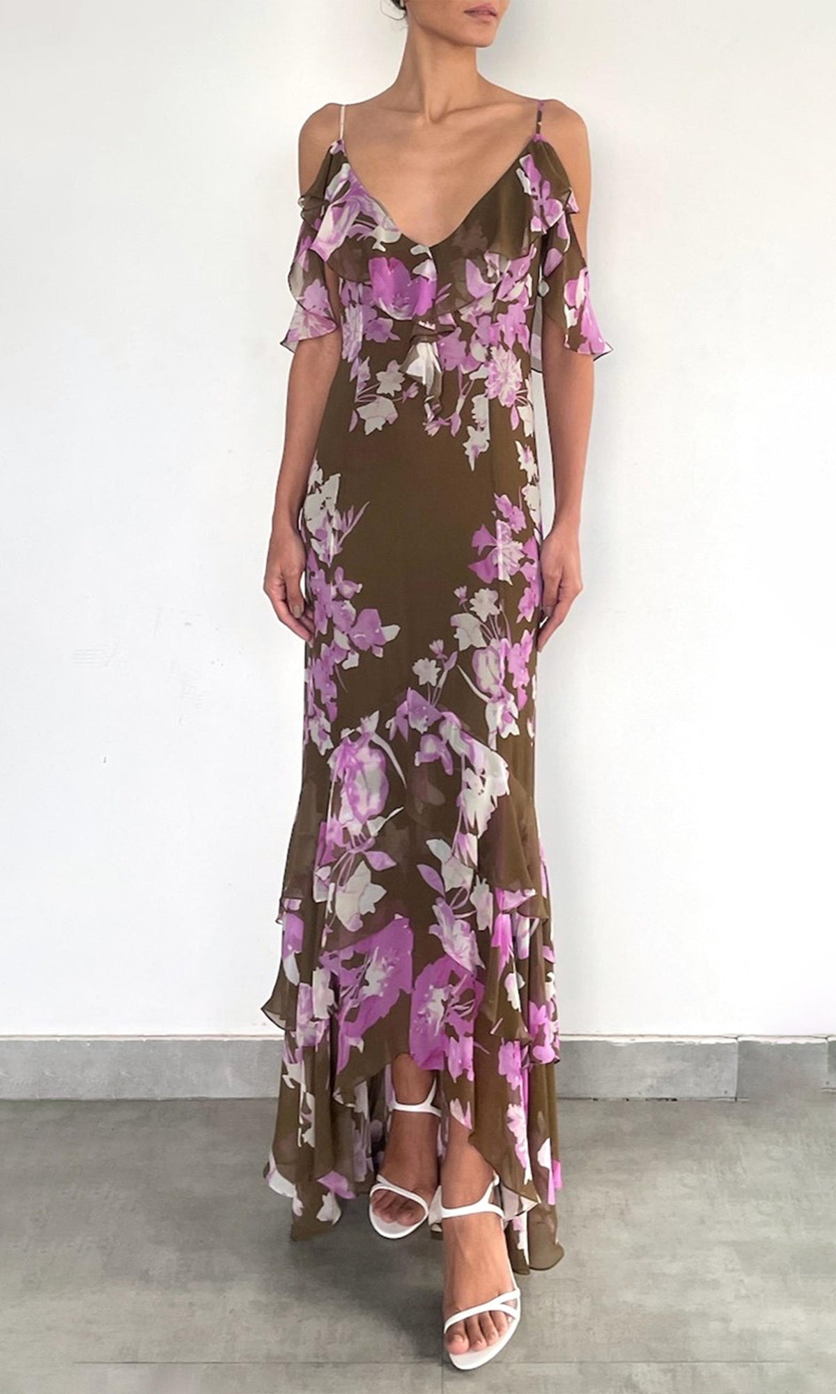 Rococo Sand | Alfy Heavy Viscose Crinkle Chiffon High Low Maxi Dress | Brown Pink
