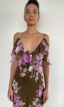 Rococo Sand | Alfy Heavy Viscose Crinkle Chiffon High Low Maxi Dress | Brown Pink