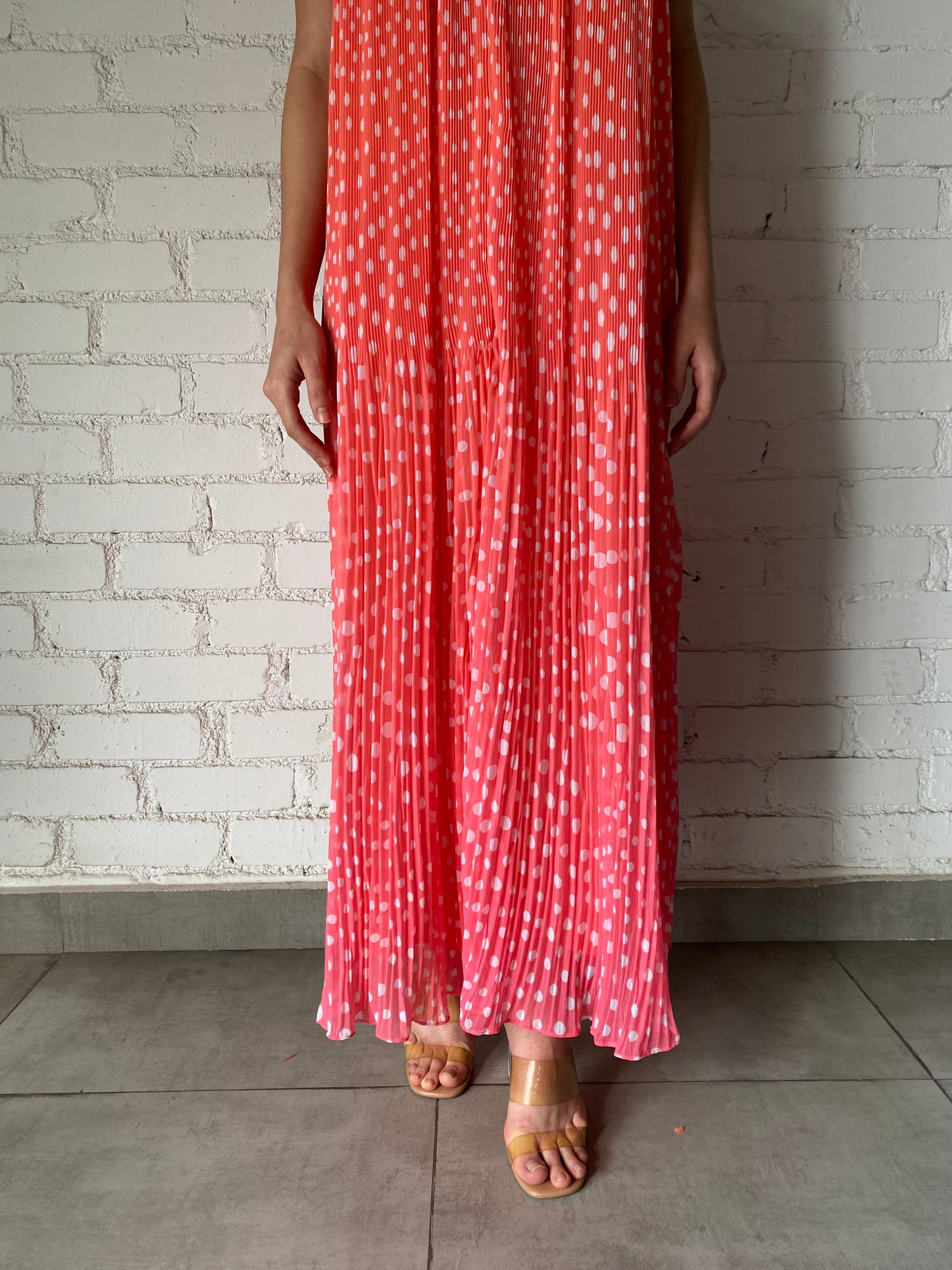 Rococo Sand | Blaire V-Neck Spaghetti Strap Maxi Dress | Orange/Pink Ombre
