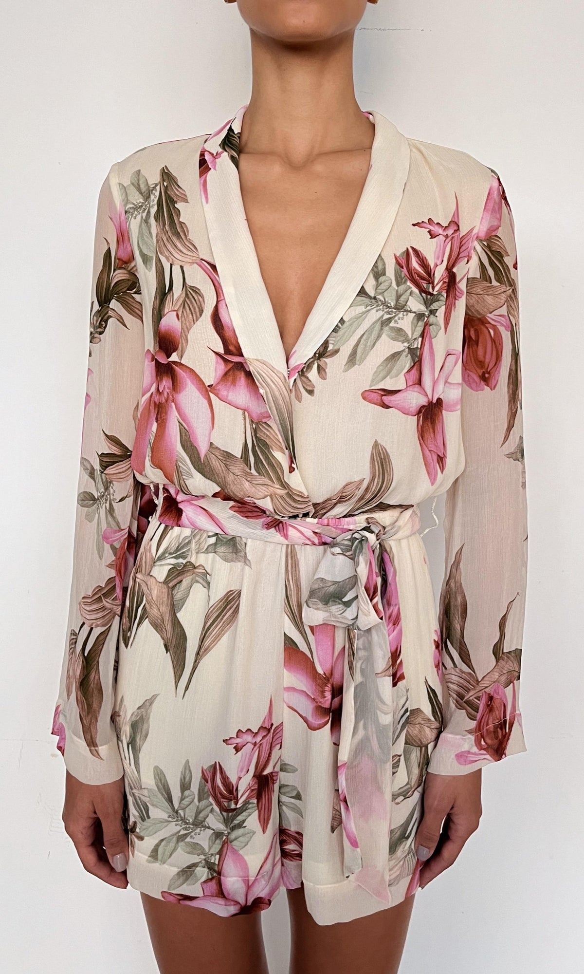 Womens | Cai Heavy Viscose Crinkle Chiffon Romper | Cream Pink Multi