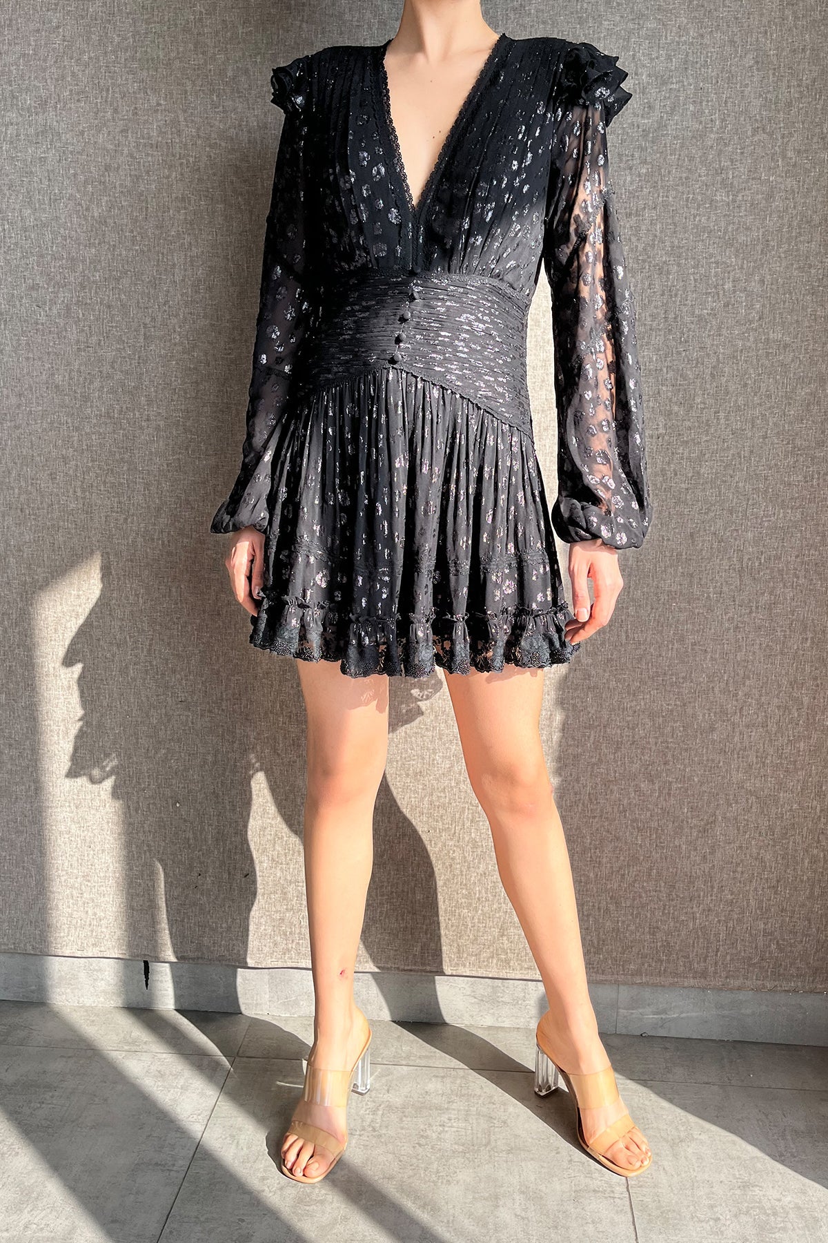 Ciara V-Neck Long Sleeve Short Dress | Black