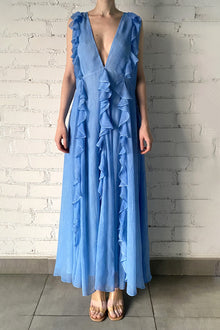 Rococo Sand | Cole V-Neck Sleeveless Long Dress | Blue