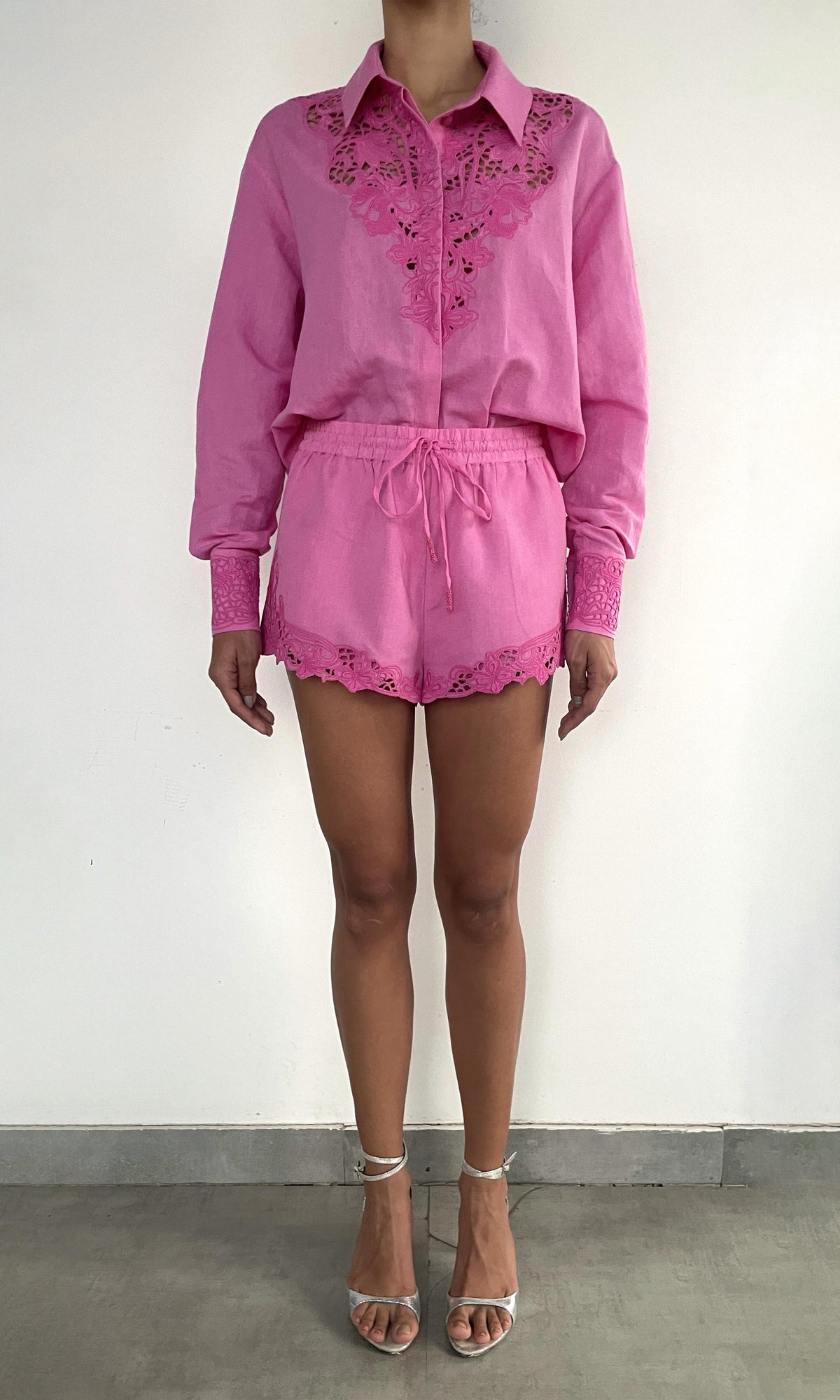 Womens | Eli Thin Linen Cotton Embroidered Shorts | Khaite Pink