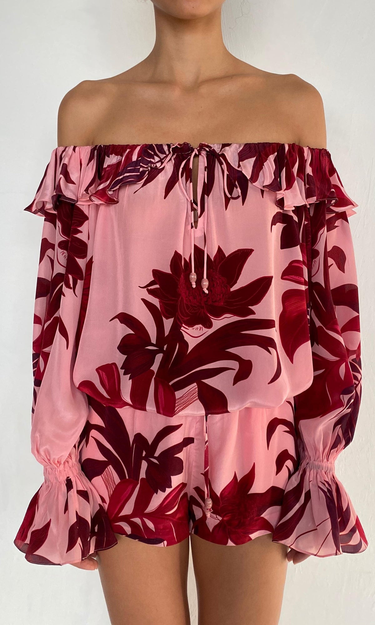 Rococo Sand | Eve Viscose Natural Crepe Off-Shoulder Top | Pink Burgundy
