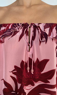 Rococo Sand | Eve Viscose Natural Crepe Off-Shoulder Top | Pink Burgundy