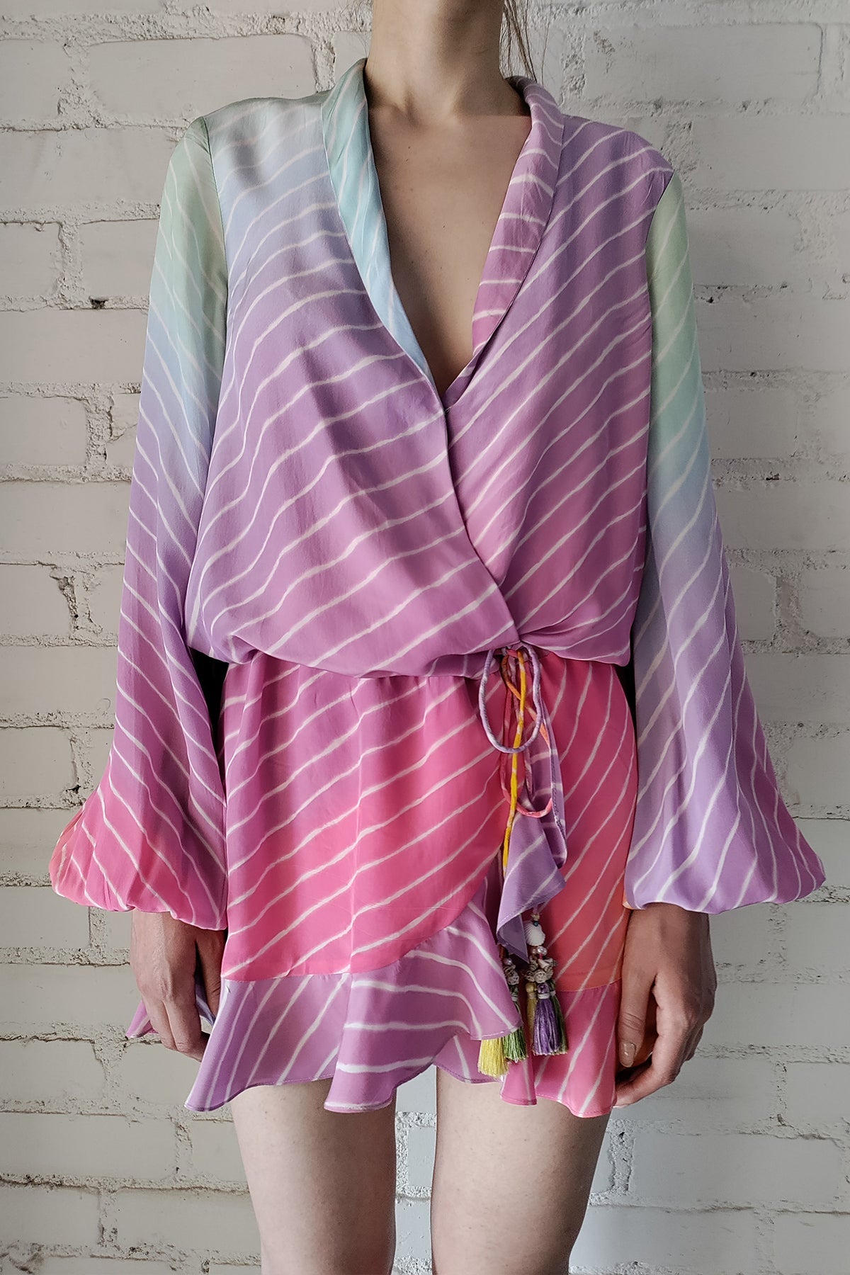 V-Neck Viscose Short Dress | Multi