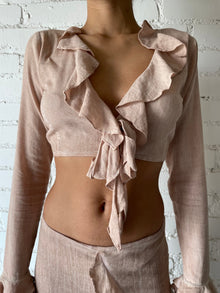 French Chic Elegant Ruffle Flare Sleeve Tie-Neck Top - SP24 | Nude