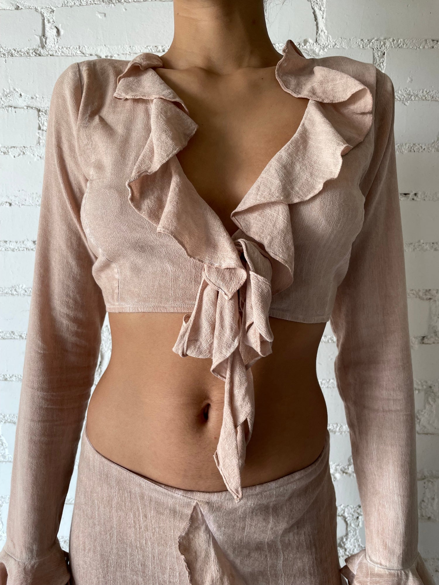 French Chic Elegant Ruffle Flare Sleeve Tie-Neck Top - SP24 | Nude