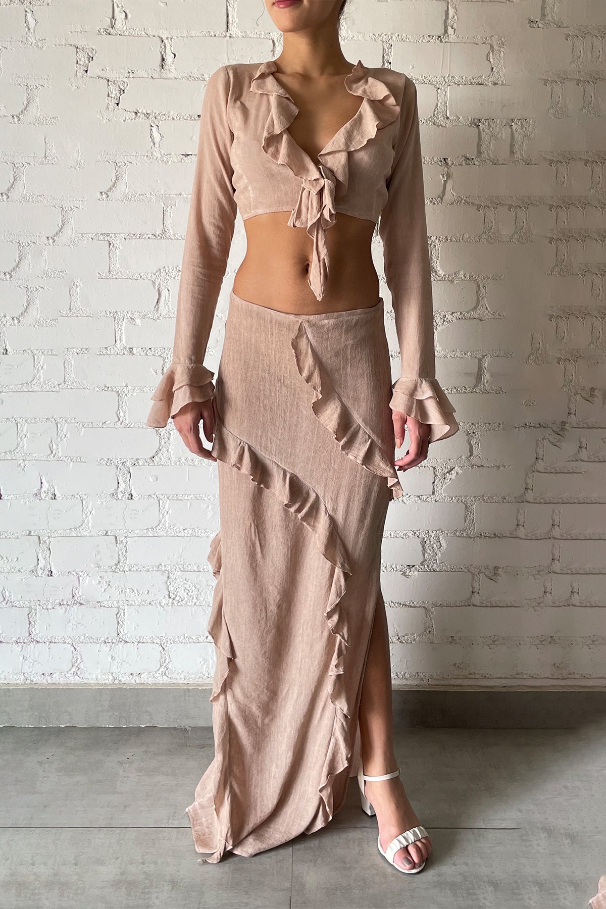 French Chic Elegant Ruffle Flare Sleeve Tie-Neck Top - SP24 | Nude