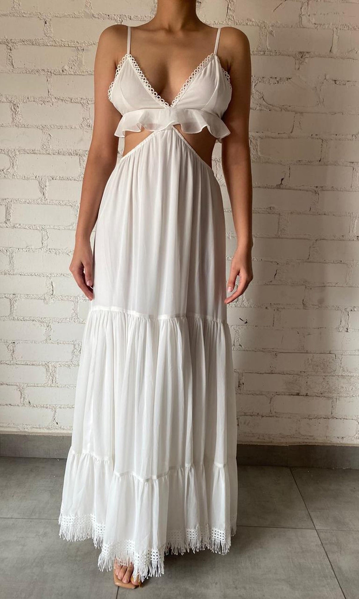 Rococo Sand | Inv Viscose Georgtte Bohemian-Style Cutout Maxi Dress | White
