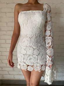 Rococo Sand | One-Shoulder Long-Sleeve Nylon Short Dress | White