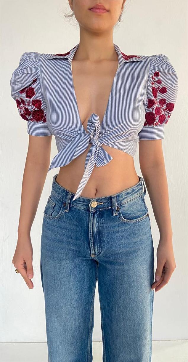Rococo Sand | Knotted Crop Top | Blue