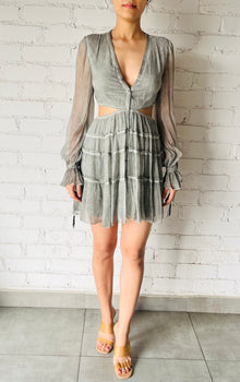 Rococo Sand | River Button-Down Short Dress | Gray