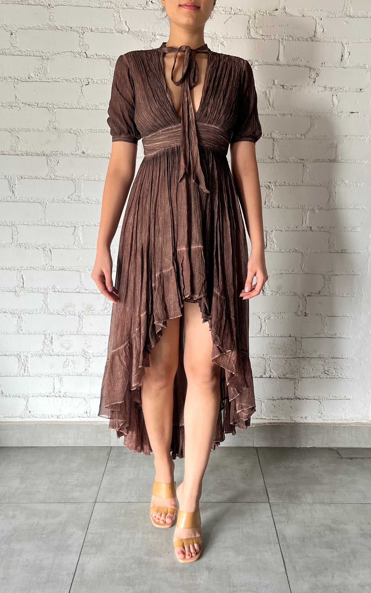 Rococo Sand | Brown Highlow Dress-Neck Tie | Brown