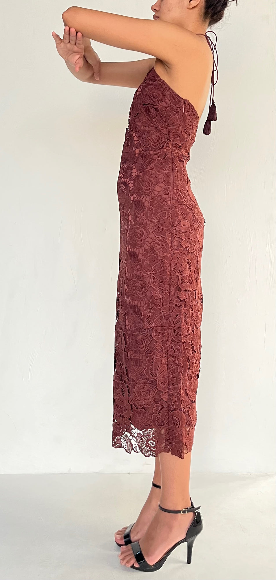 Rococo Sand | Brown Lace Midi Dress | Brown