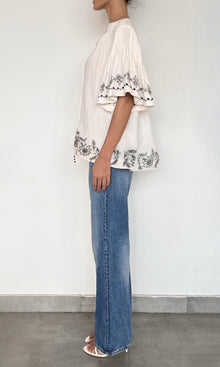Rococo Sand | Jaci Cotton Double Cloth Gauze Eyelet Pintuck Embroidered Top | Black/White