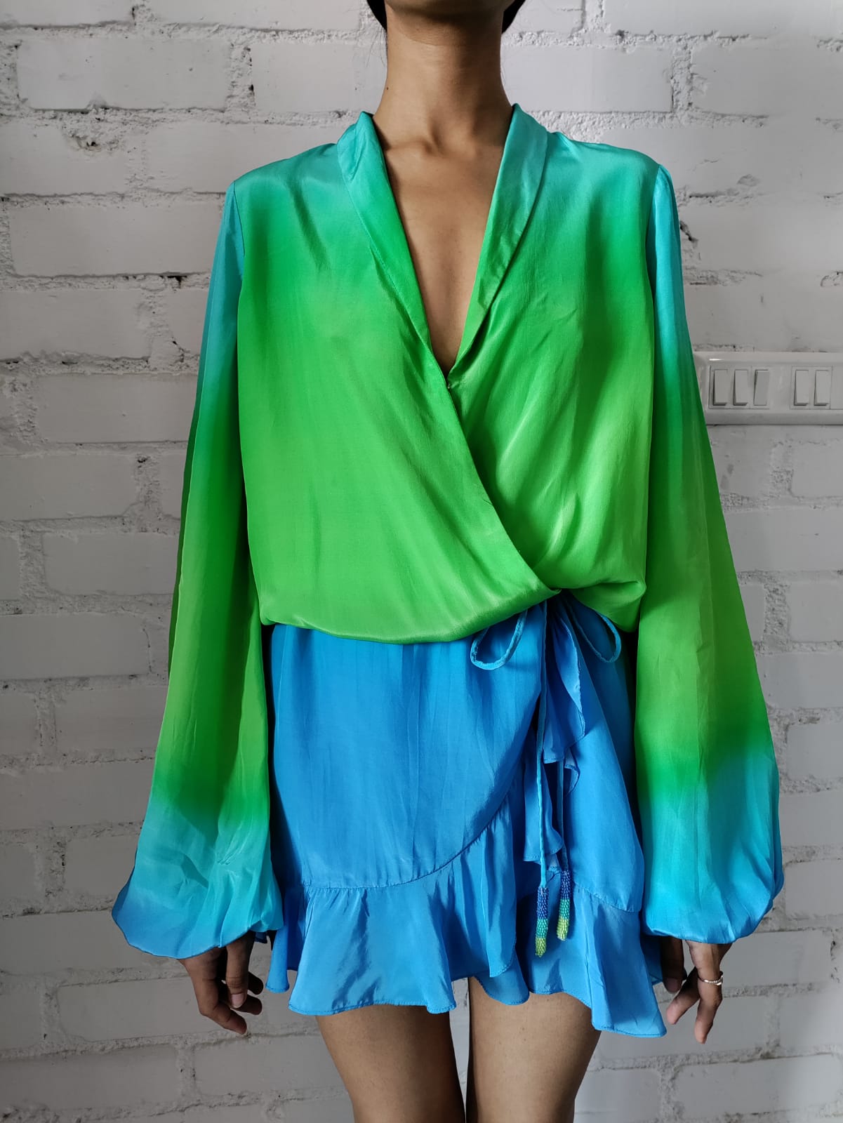 Rococo Sand | Kiki Long-Sleeve Short Dress | Blue/Green Ombre