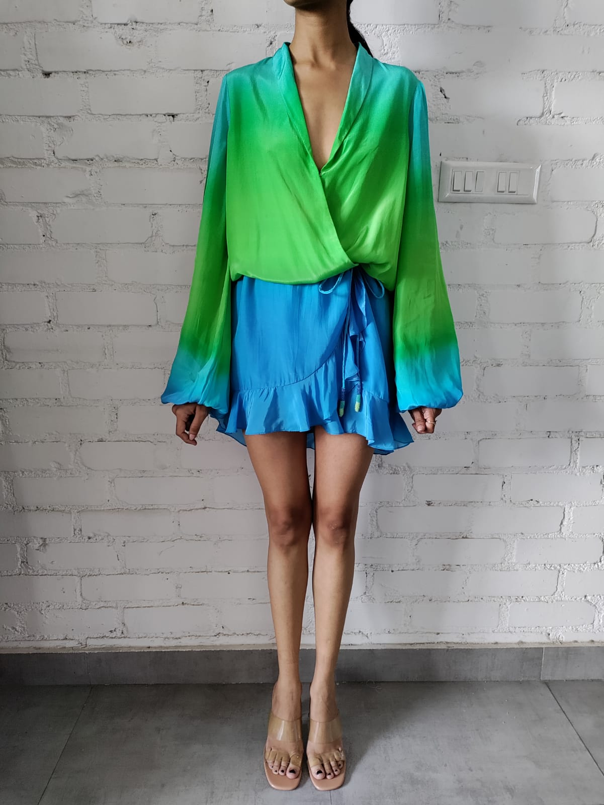 Rococo Sand | Kiki Long-Sleeve Short Dress | Blue/Green Ombre
