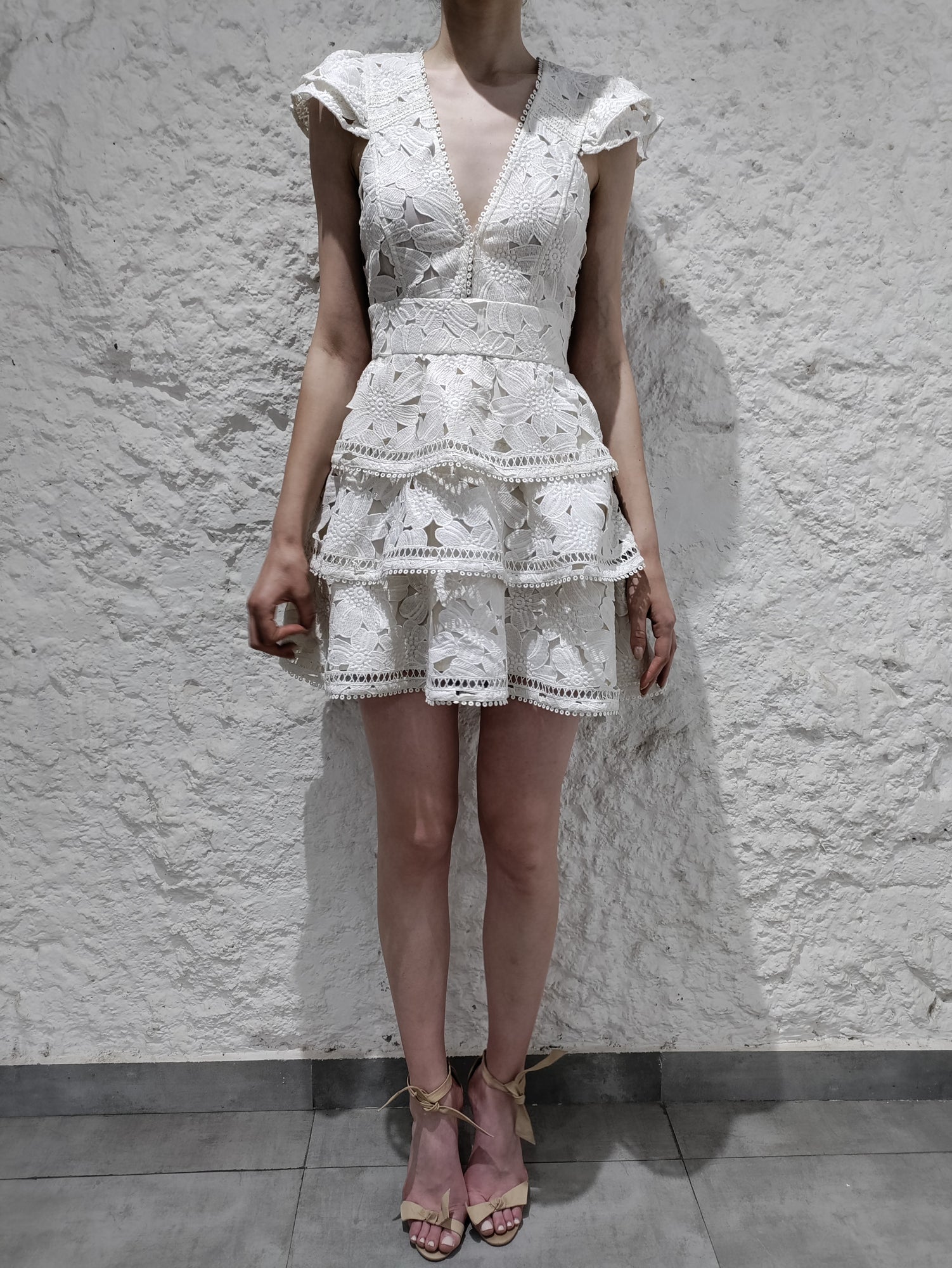 Rococo Sand | Leiko V-Neck Short-Sleeve Short Dress | Ivory