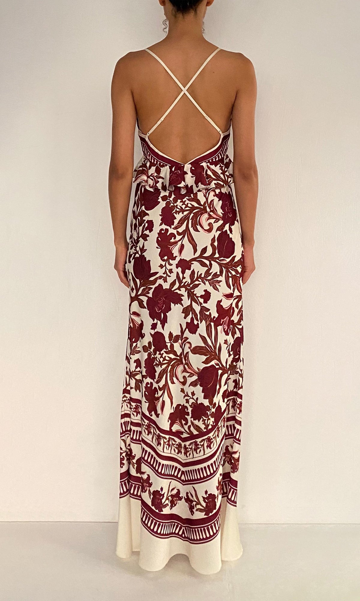 Rococo Sand | Maia Polyester Satin Lycra Cross-Back Peplum Maxi Dress | Ivory Burgundy
