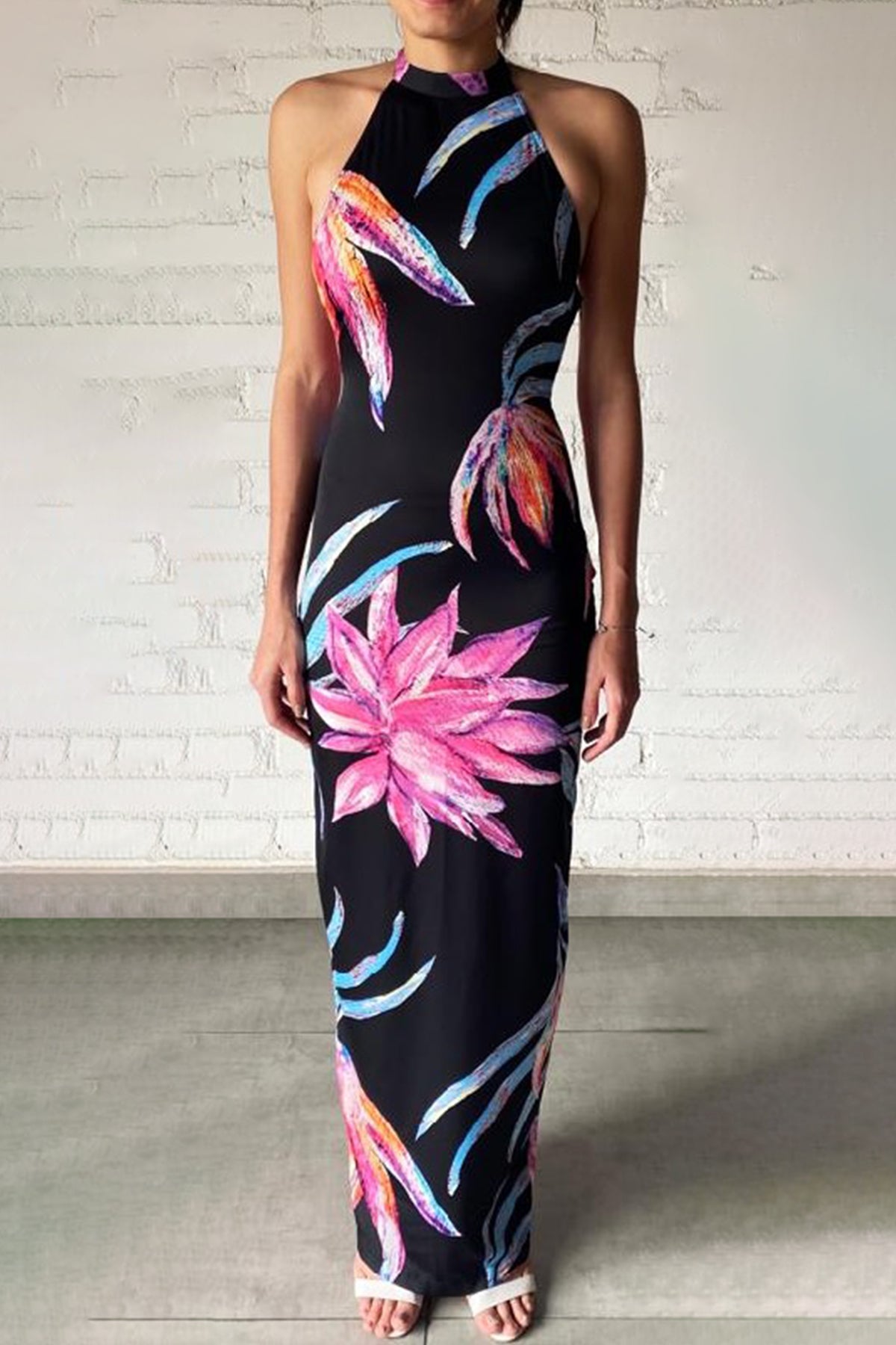 Margo Halterneck Sleeveless Long Dress | Black/Multi