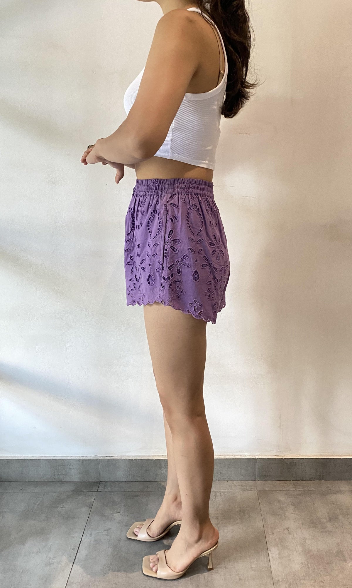 Womens | Moss Cotton Schiffli Shorts | Purple