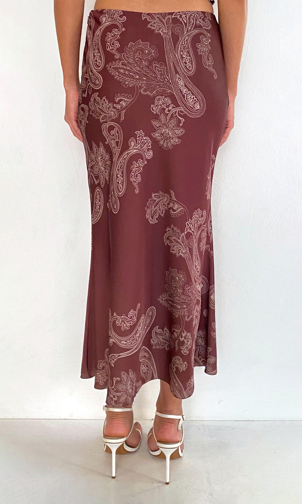 Womens | Orla Polyester Satin Lycra Midi Skirt | Brown Beige