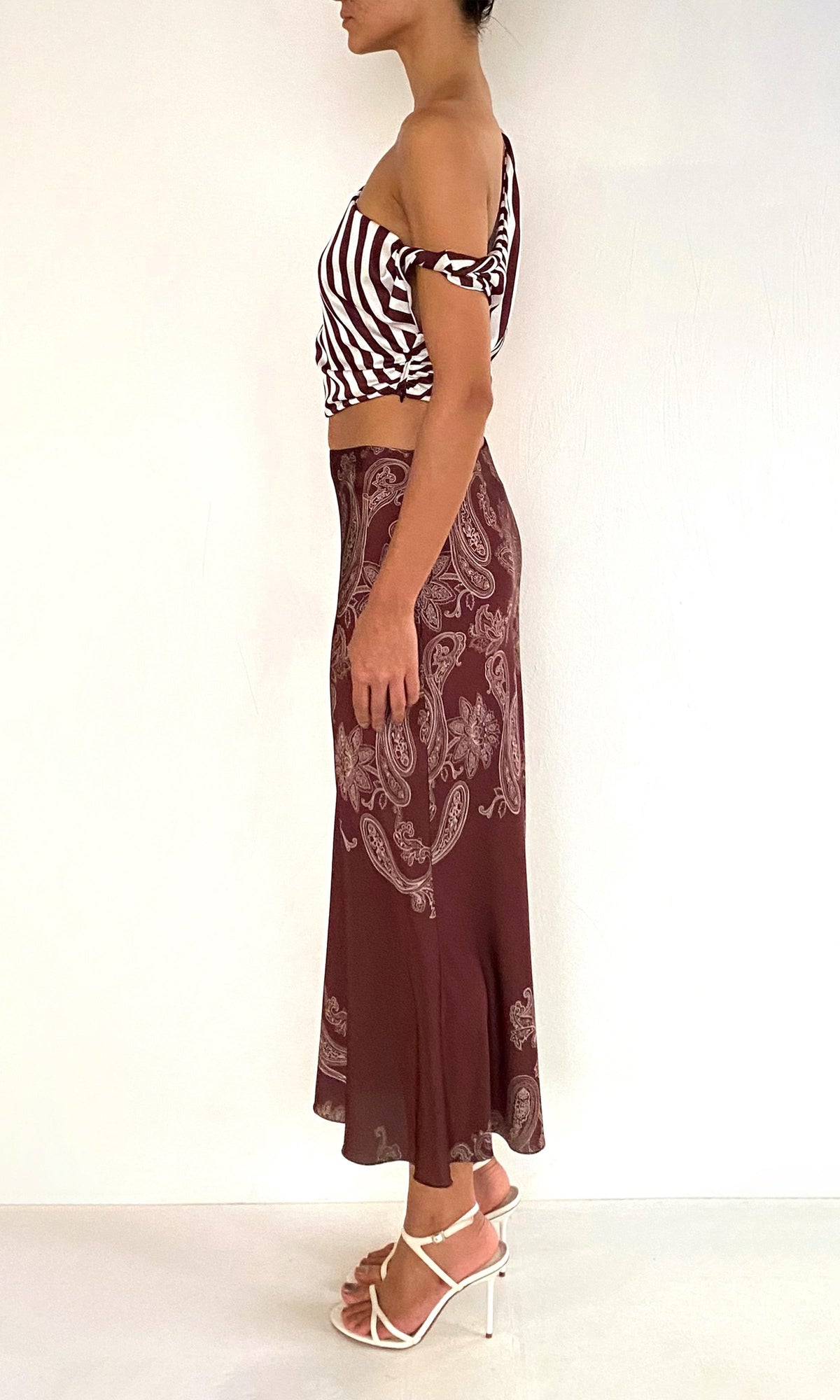 Womens | Orla Polyester Satin Lycra Midi Skirt | Brown Beige