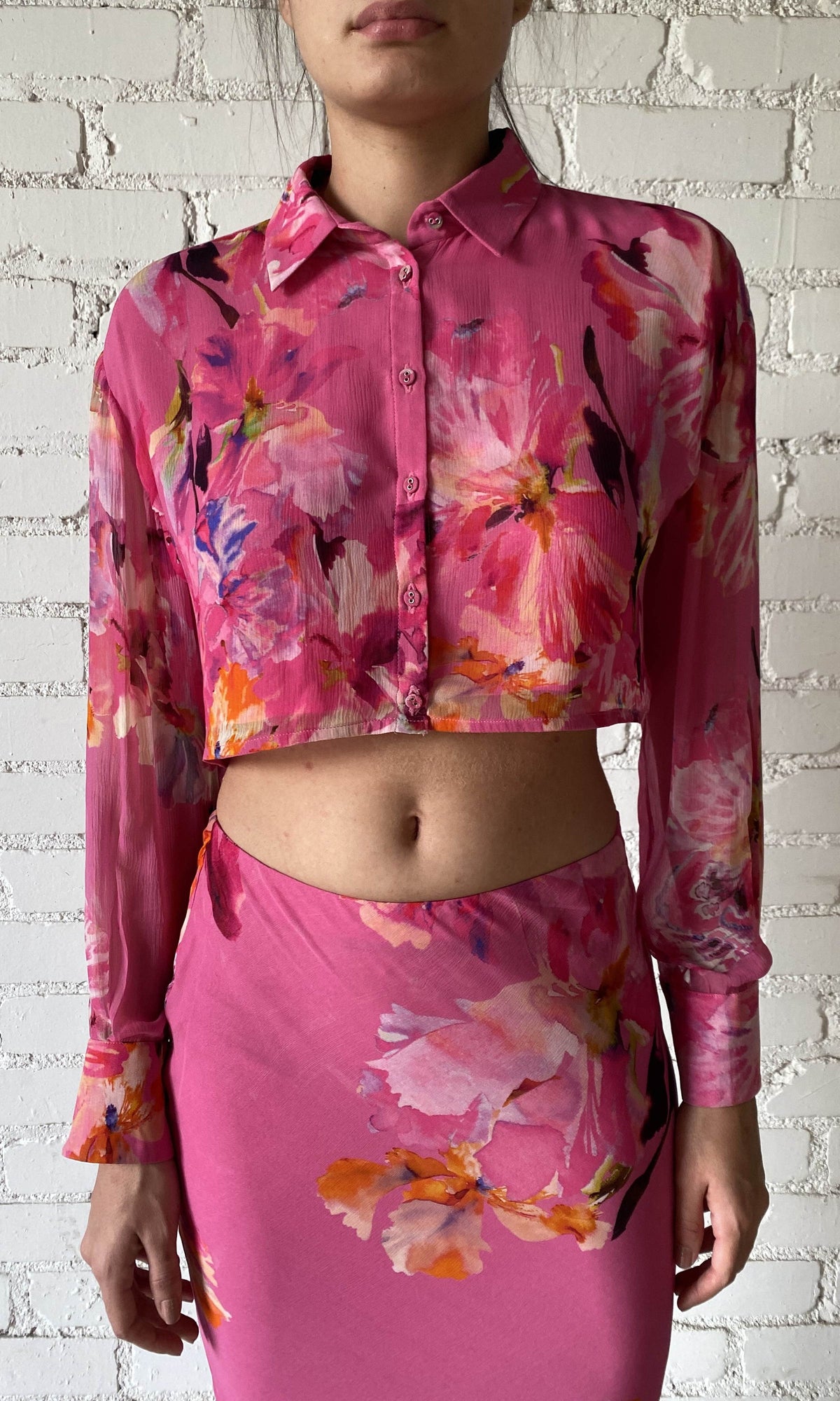 Womens | Quin Viscose Chiffon Crop Shirt | Pink