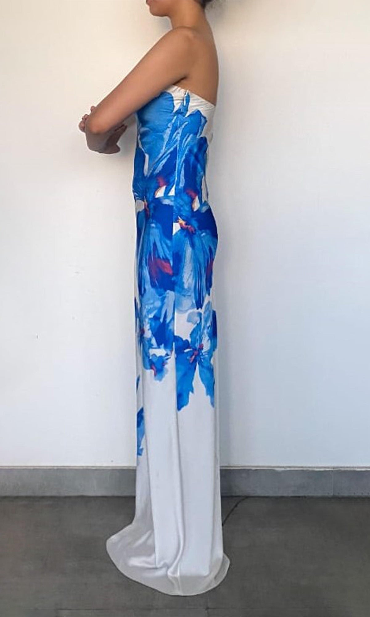Womens | Quin Polyester Satin Lycra Maxi Strapless Dress | Blue/White