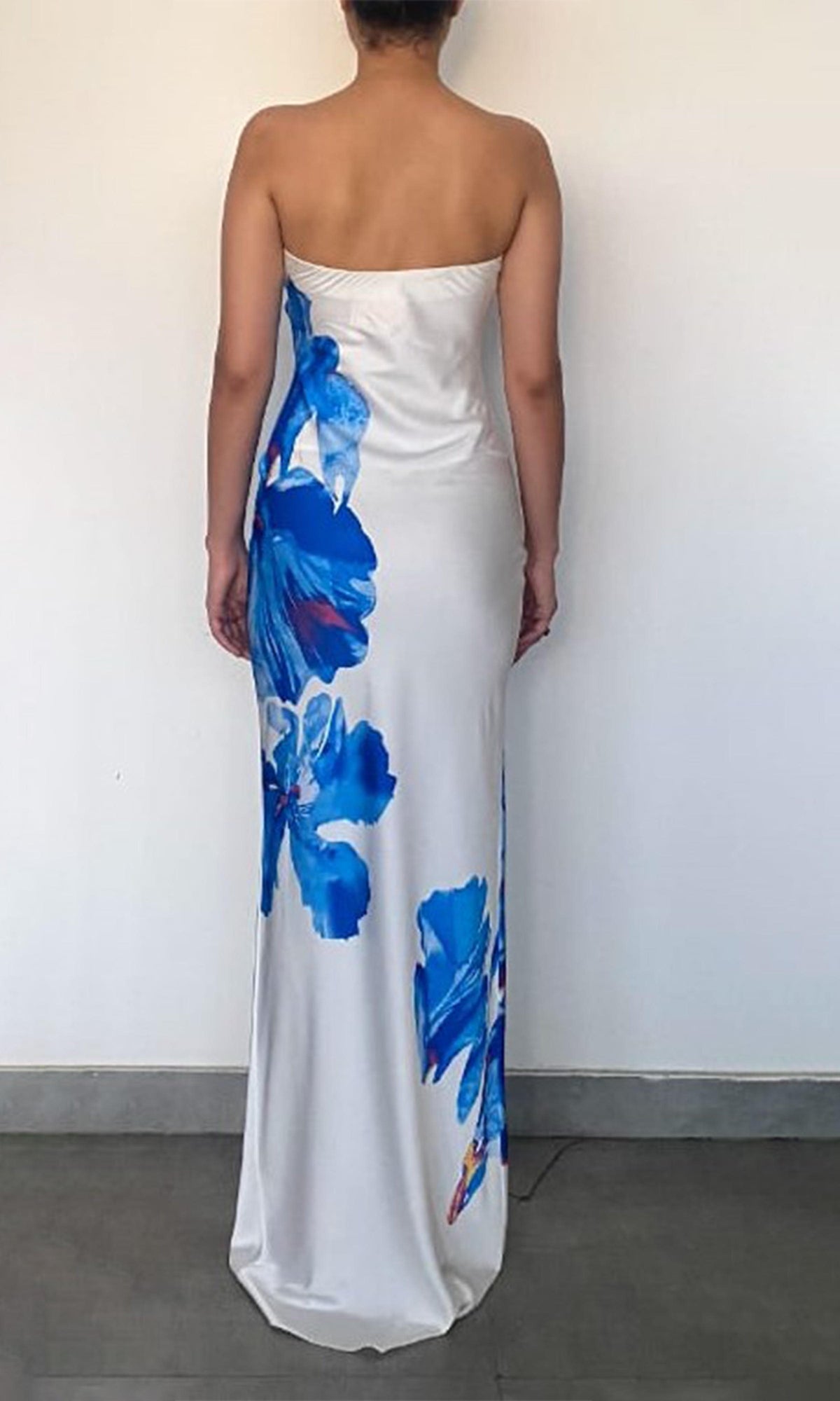 Womens | Quin Polyester Satin Lycra Maxi Strapless Dress | Blue/White